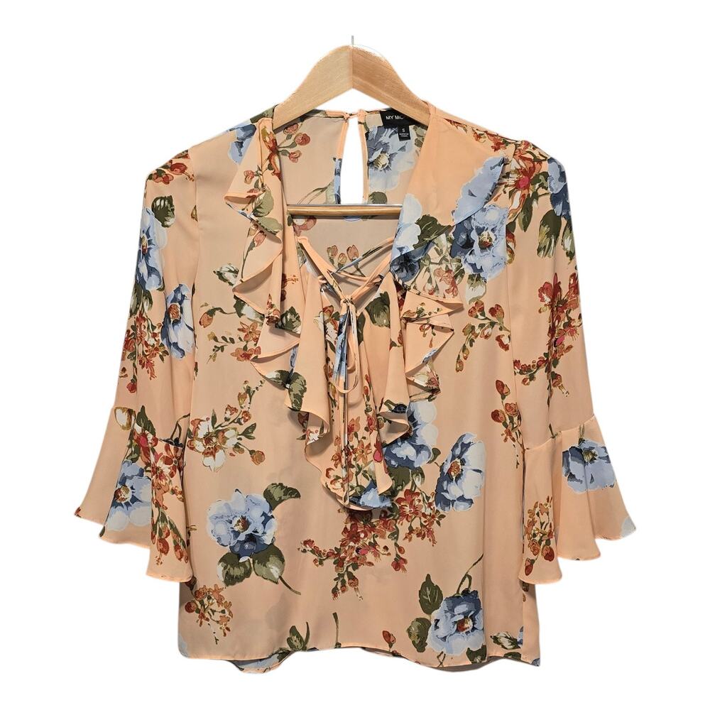 My Michelle Womens Blouse S Peach Floral Print Flare Sleeves Ruffles Cottagecore